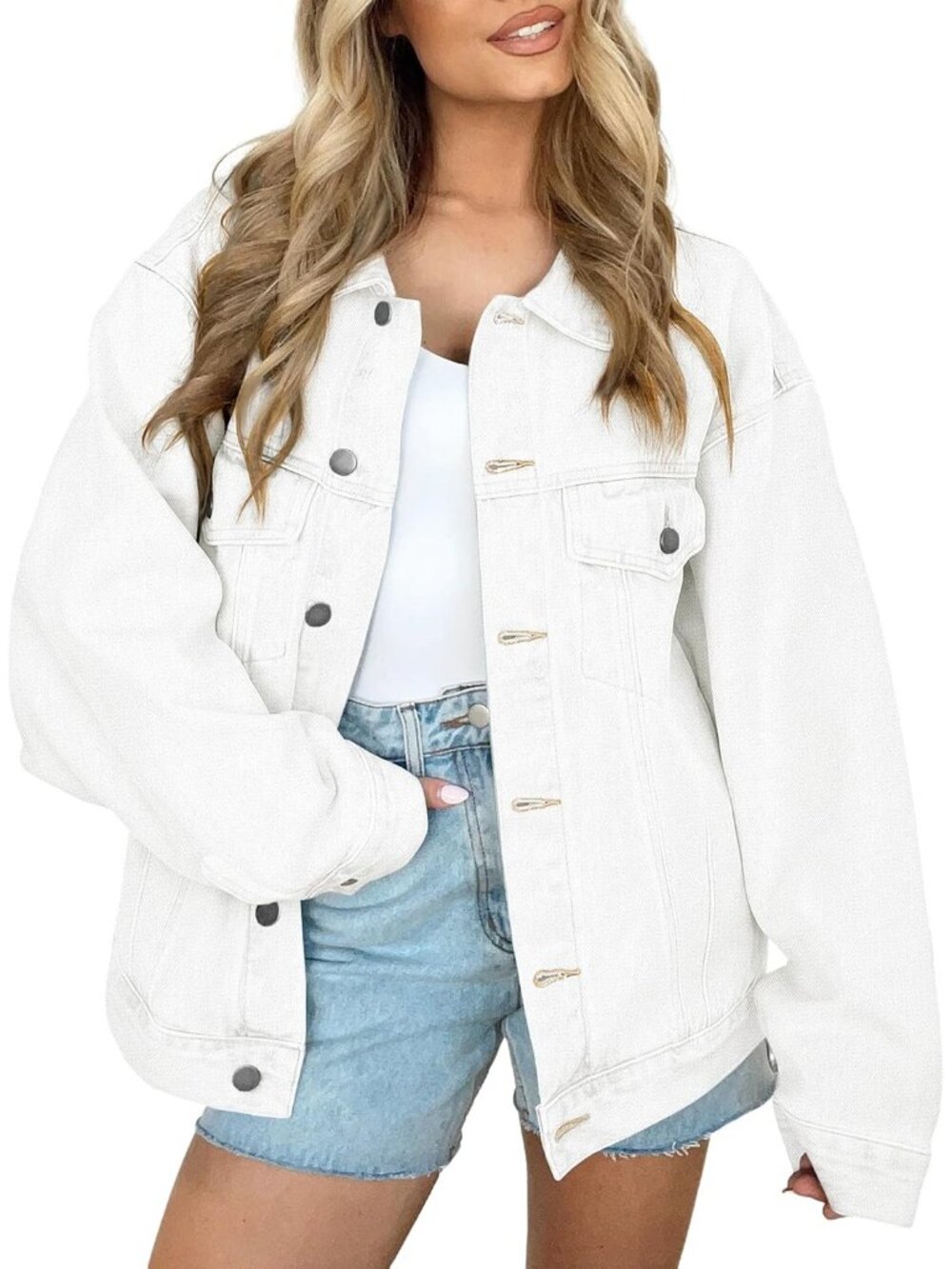 〽️ Women’s White Oversized Button Down Loose Fit Pockets Denim Jeans Jacket